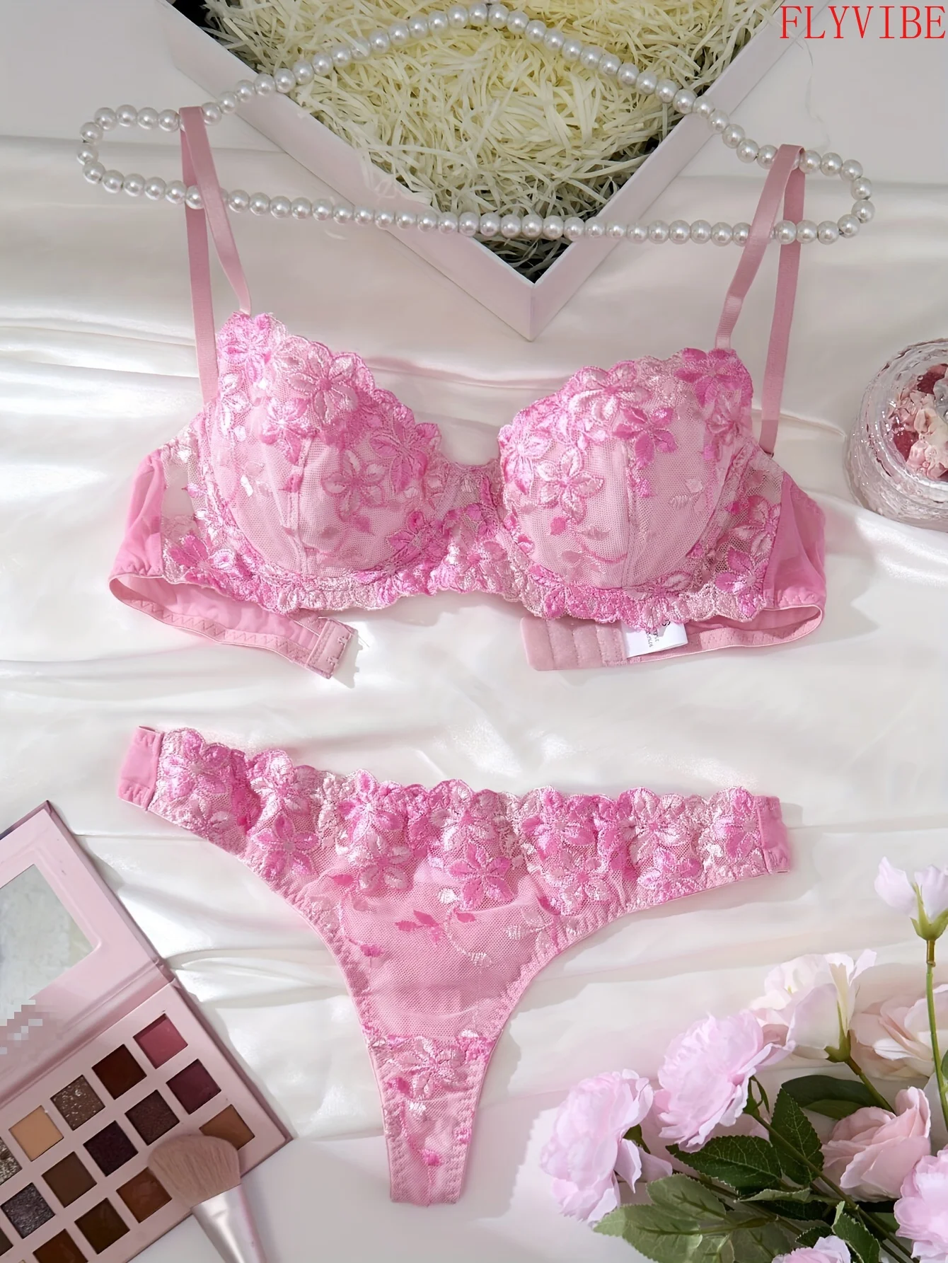 Women Autumn Winter Pink Floral Embroidered Lingerie Set Warm Lined Push-up Bra And Mesh Thong Comfortable High Quality Bra Panties Underwear