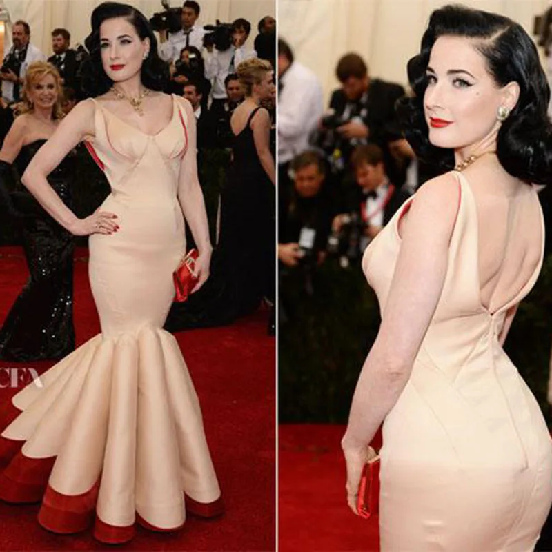 Dita Von Teese 2023 Abiti da sera lunghi sul tappeto rosso di Cannes in champagne con scollo a V lungo fino al pavimento e abito da festa sexy a