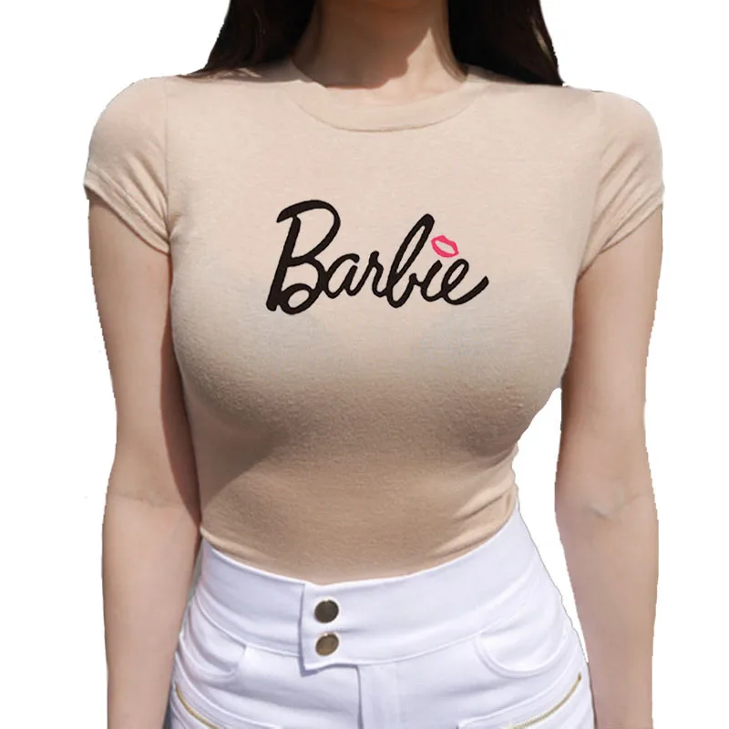 Women's Barbie Short-Sleeved Slim-Fitting Sexy Waist Slimming Pure Lust Style T-Shirt for Stretchy, Comfortable Versatile Tops