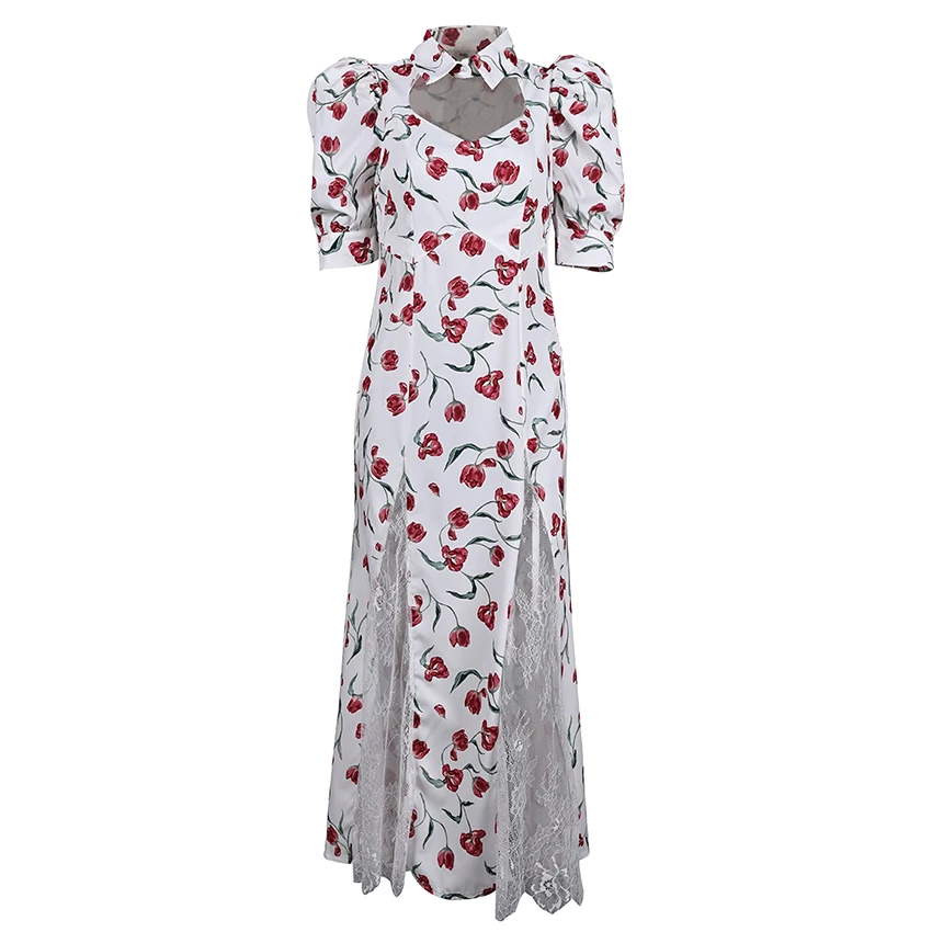 2025 new high-waisted floral print long dress, sexy cut-out lace dress, summer vacation dress with puffed sleeves