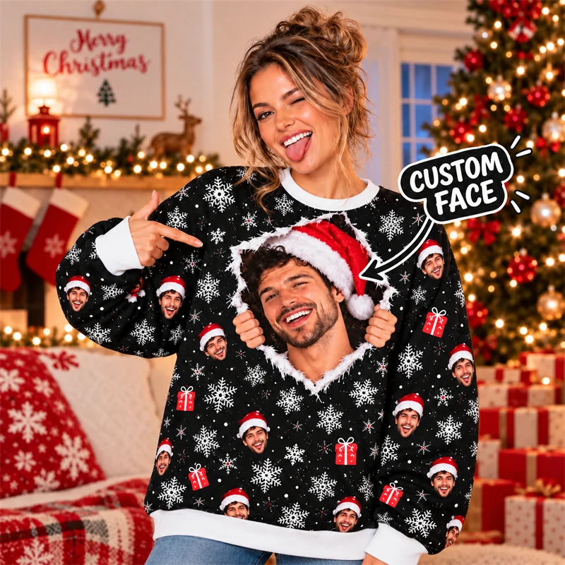 Custom Face Ugly Christmas Sweatshirt Men Women Personalized Photo Ugly Sweater Crewneck Long Sleeve Holiday Party Pullover Gift