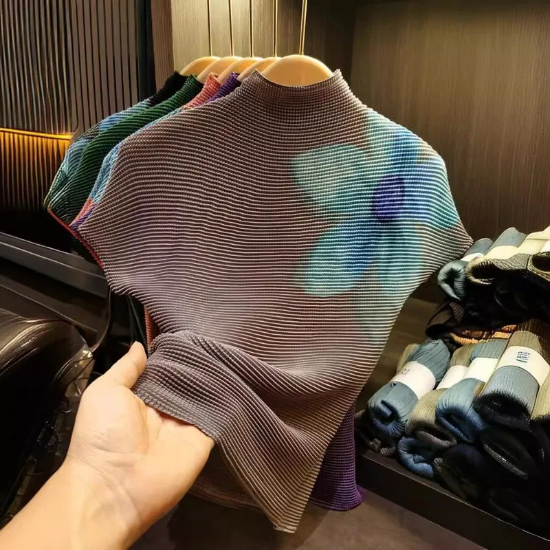 Miyake Lightweight Pleated Print Summer Short-sleeved Stand-up Collar T-shirt Tops Casual Loose Stretch Tight Commuter Clothing