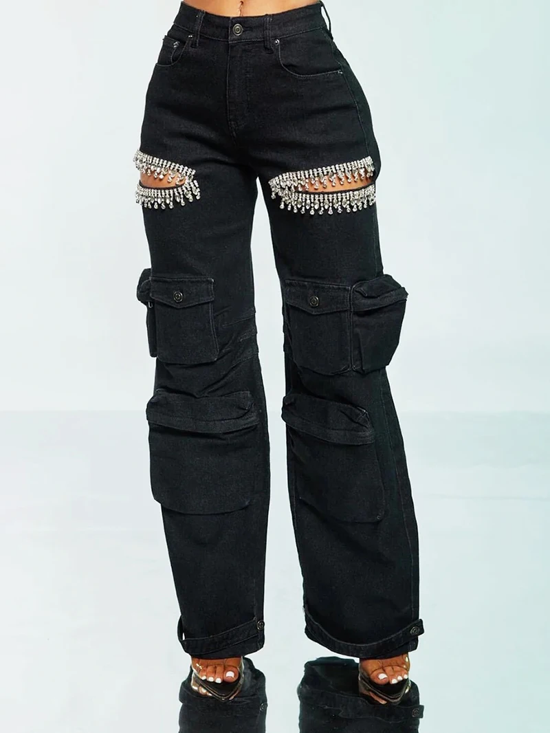 2024 women\'s hollowed out diamond crystal straight leg denim pants multiple pockets high waist wide legs fashionable style pants