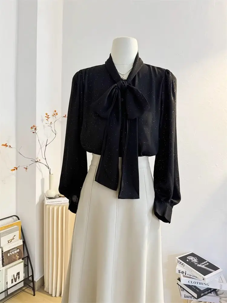 

Ele Knot Sequin Commute irt Women's Spring Autumn New Simple Workwear Chic Small Top Korean Loose Fit Button ...