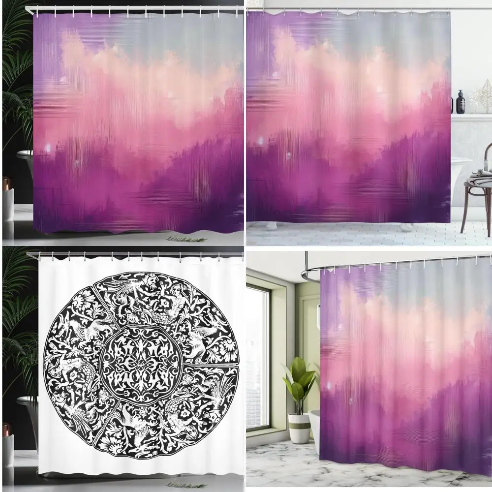 

Фиолетовая абстрактная занавеска для душа, техника мягкой кисти, монохромный принт живописи, тканевый декор для ванной комнаты