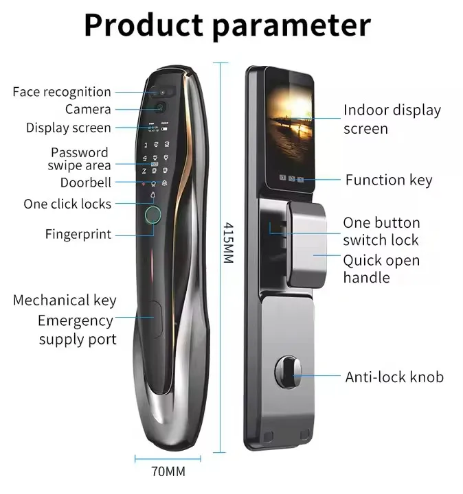 Tuya WiFi 3D face and fingerprint recognition smart door lock with active video intercom and palm print unlock for wooden steel