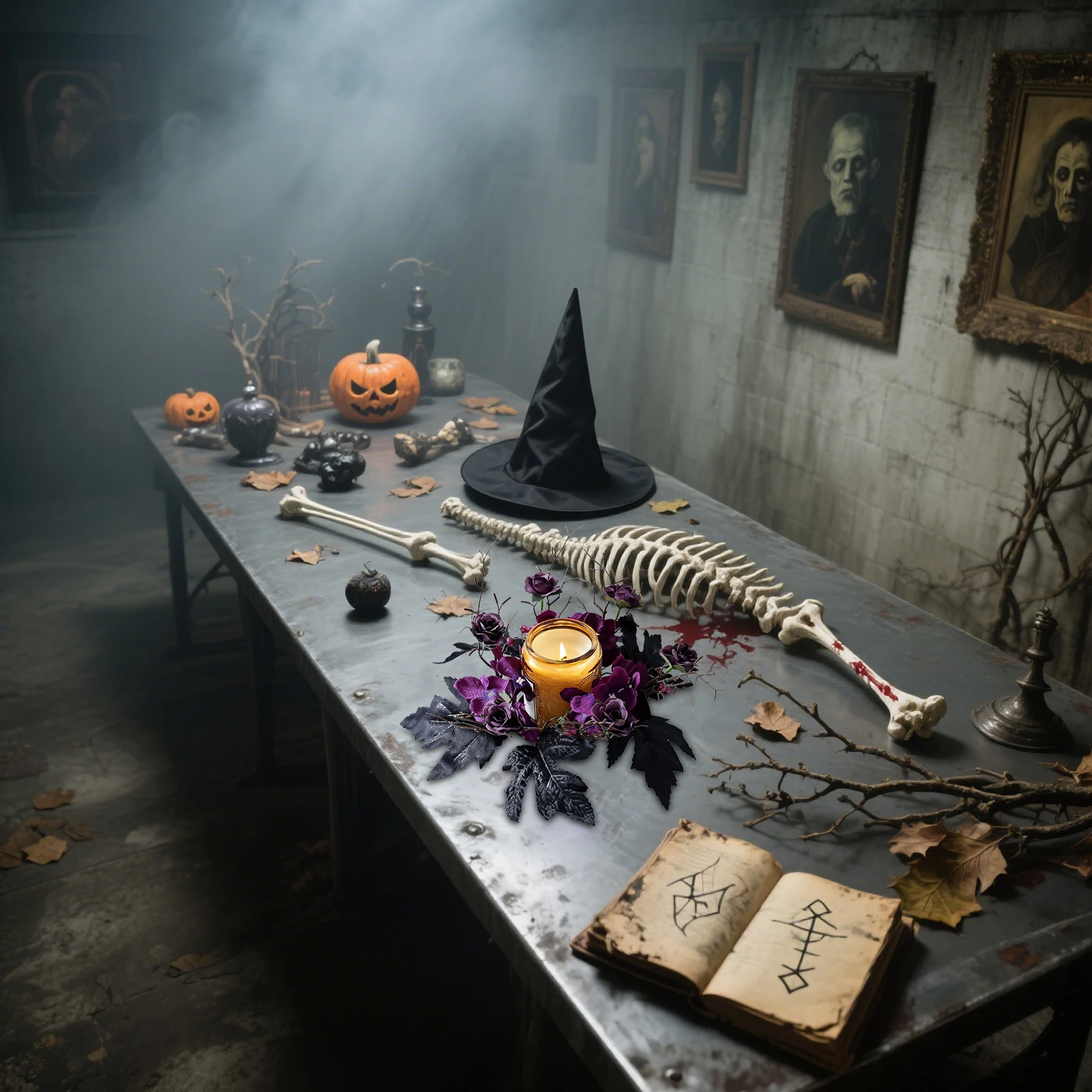 

2Pcs Halloween Ring Wreath Gothic Artificial Roses Holder Tabletop Centerpiece Decor Candlestick Decoration Wreath