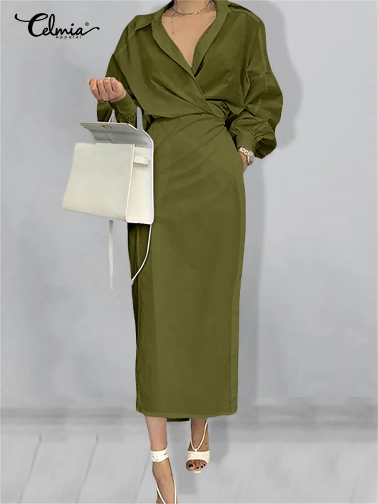 Celmia-Vestido largo de fiesta para mujer, prenda elegante con solapa y manga larga linterna, a la moda, color liso, 2022