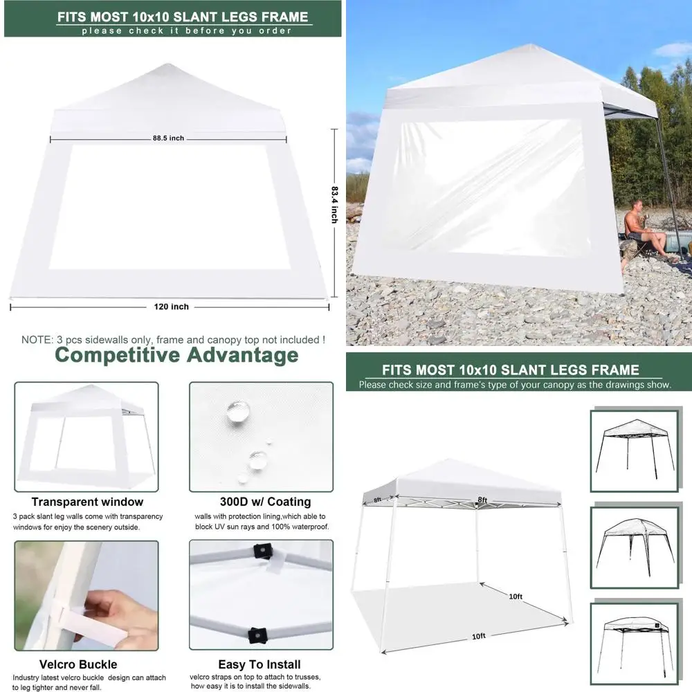 

10x10 Slant Leg Pop-Up Tent, 3-Pack White Sunwalls for Sides