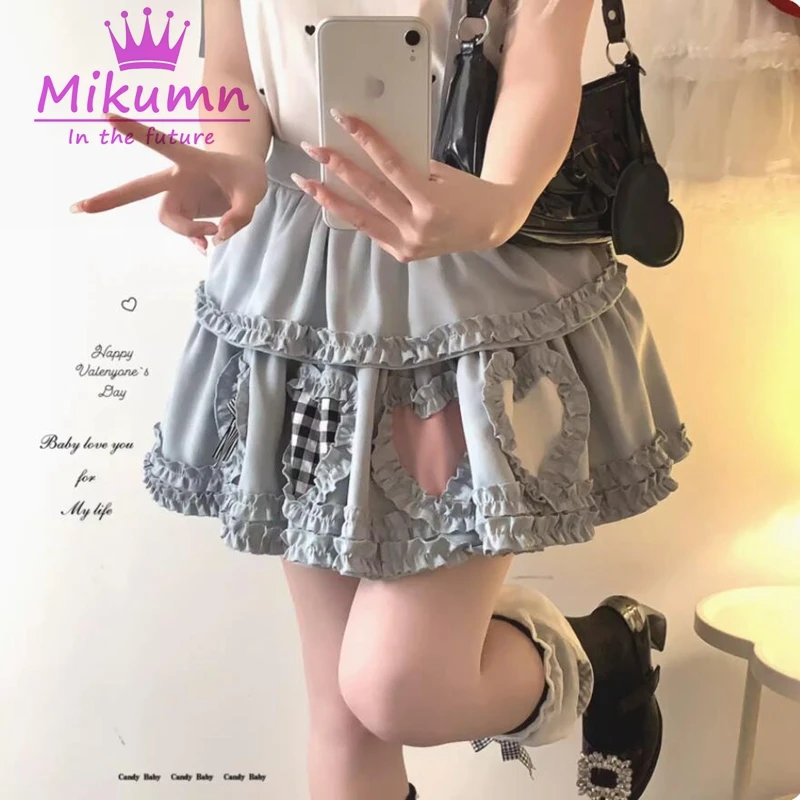 Mikautumn-Mini Saia Gótica Feminina Lolita Kawaii, Doce Amor Japonês Saia De Bolo Plissado, Meninas Harajuku Bonito Saias Curtas, Y2k