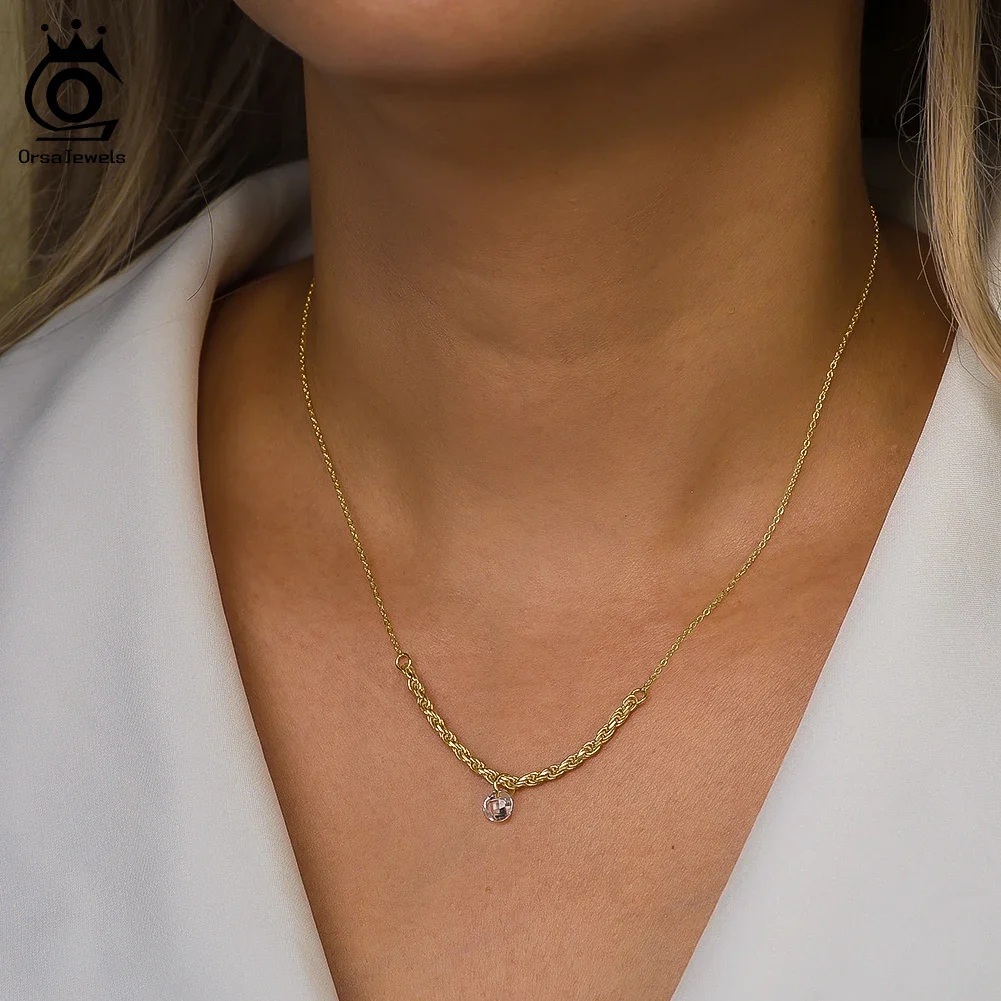 

ORSA JEWELS Fashion 925 Stelring Silver Rope Chain with CZ Pendant Romantic Wedding Women's Necklace Fine Jewelry BQN26