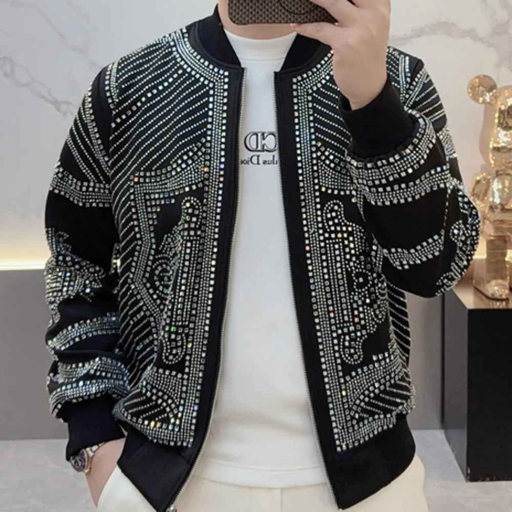 

Fashion Rhinestones Punk Club Outfit Slim Jacket European Luxury Brand Retro Jacket Men Jaqueta Bomber Diamond Men Jacket Coat