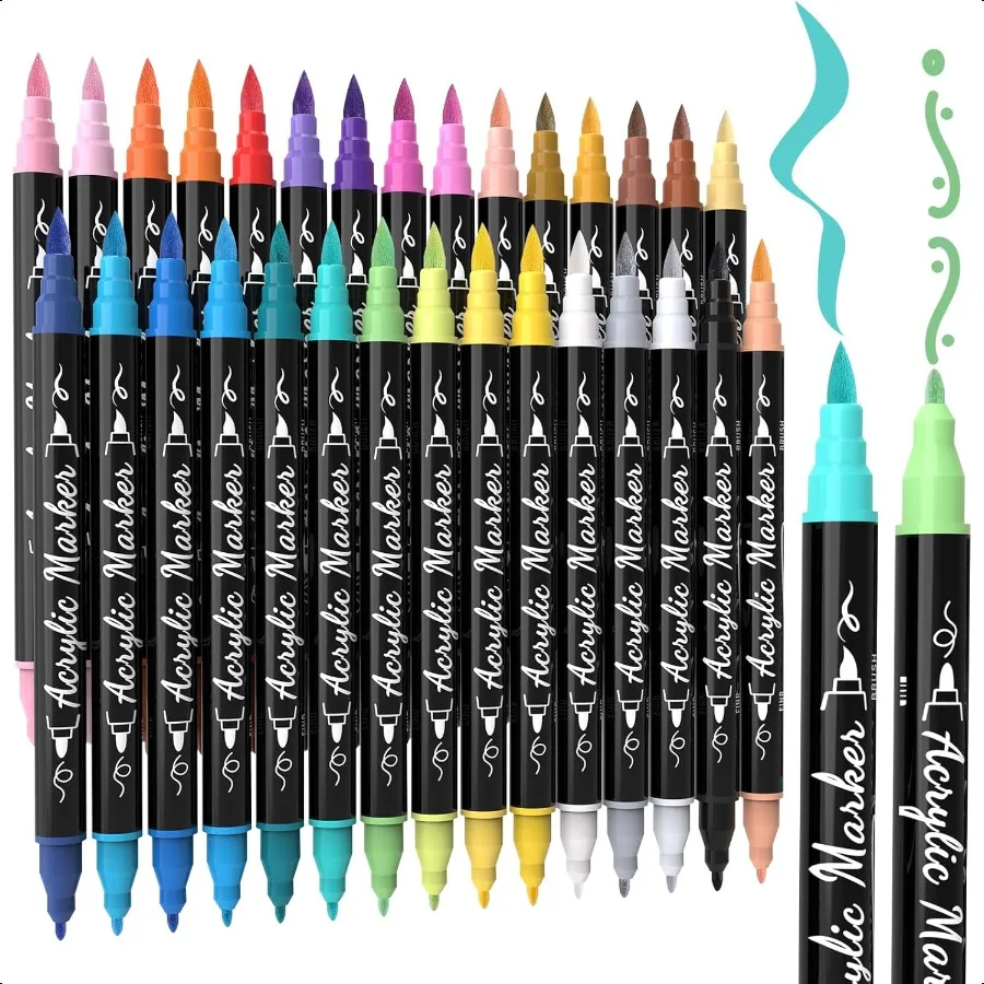 

30 Colors Acrylic Paint Markers Waterproof Dual Tip Acrylic Paint Pens with Brush and Fine Tip Markers Set for Paper Rock Wood