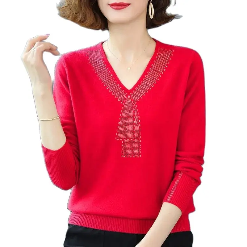 Mother Spring And Autumn Ladies Sweater Women Loose Fashion Diamond Knitted Sweater Winter Keep Warm Women Bottoming Shirt Top