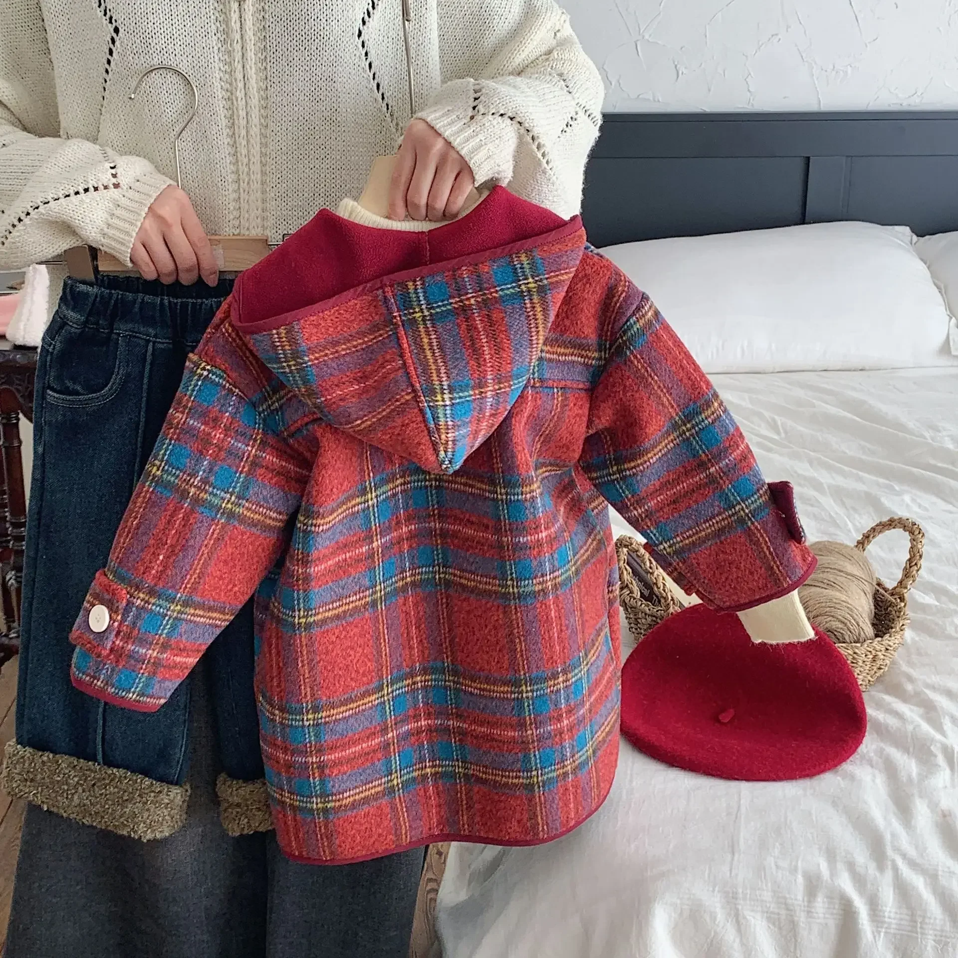 Girls Woolen Coat Boys and Girls Winter Padded Vintage Plaid Hooded Mid-length Baby Woolen Coat Korean Simple Style Clothes