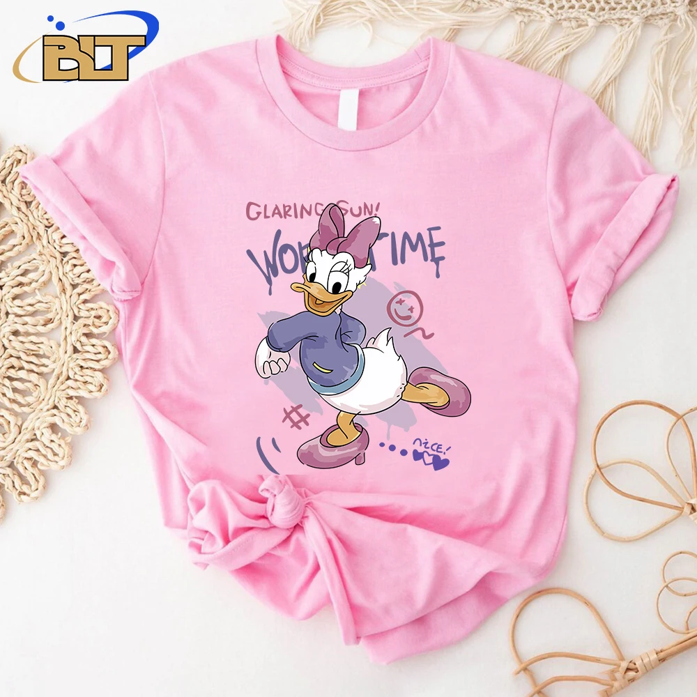 Donald Duck Print Women's T-Shirt Casual Top Pink Cotton Short Sleeve