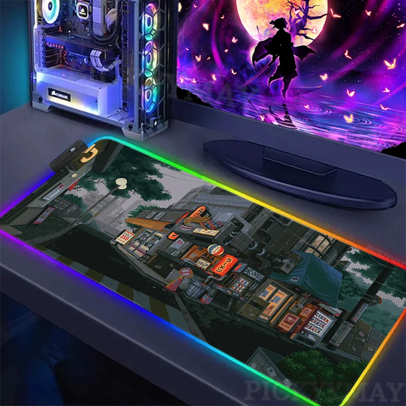 

Large RGB Mouse Pad XXL Gaming Mousepad LED Mouse Mat Gamer Mousepads Japan Street Pixel Keyboard Mats Desk Rug With Backlit