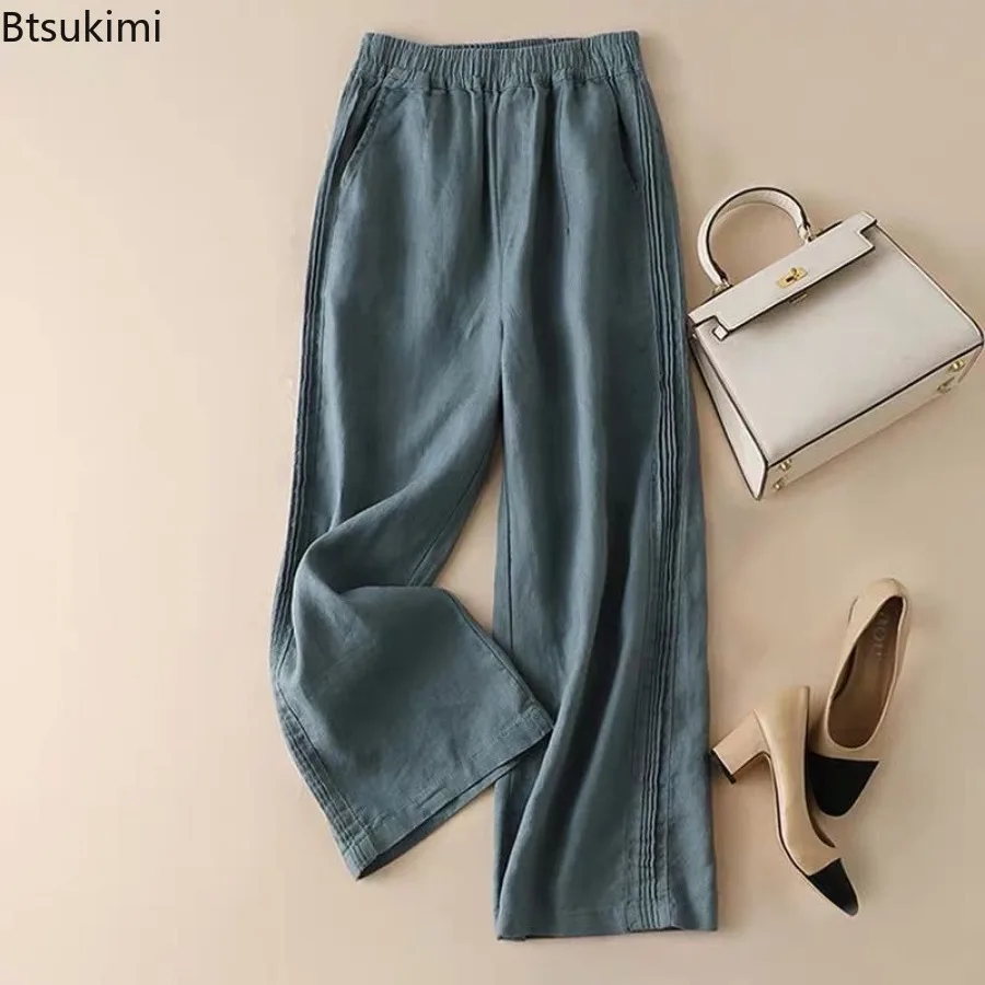

New Women's Spring Summer Cotton Linen Wide Leg Pants Pleated Casual Straight Pants High Waist Breathable Long Pant with Pockets