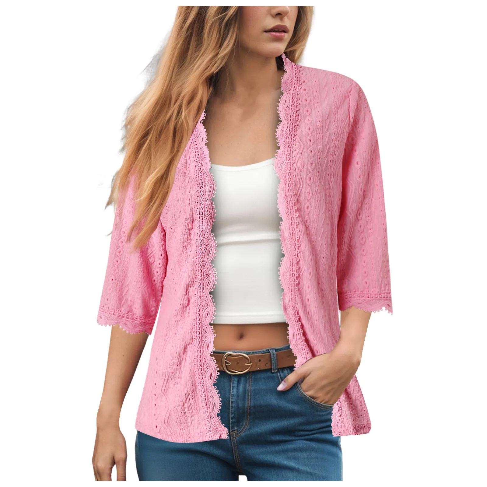 

Женский модный кардиган, весна-осень, однотонный кружевной кардиган с цветочным принтом и длинными рукавами, открытый передний кардиган, пальто, топ, уличная одежда, элегантные свитера