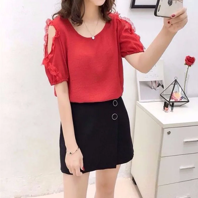 2023 Summer New Women Lace Spliced Fashion Off Shoulder Blouses Korean Elegant Round Neck Solid Bandage Shirt Female Clothing