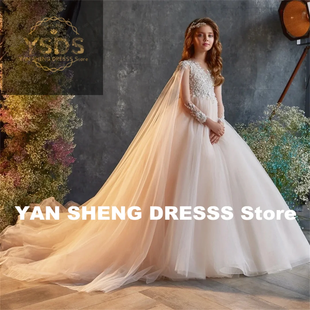 Летние платья для причастия для девочек, платья с большим бантом для девочек-цветочниц, пышное платье для девочек с золотой аппликацией, платье для первого причастия