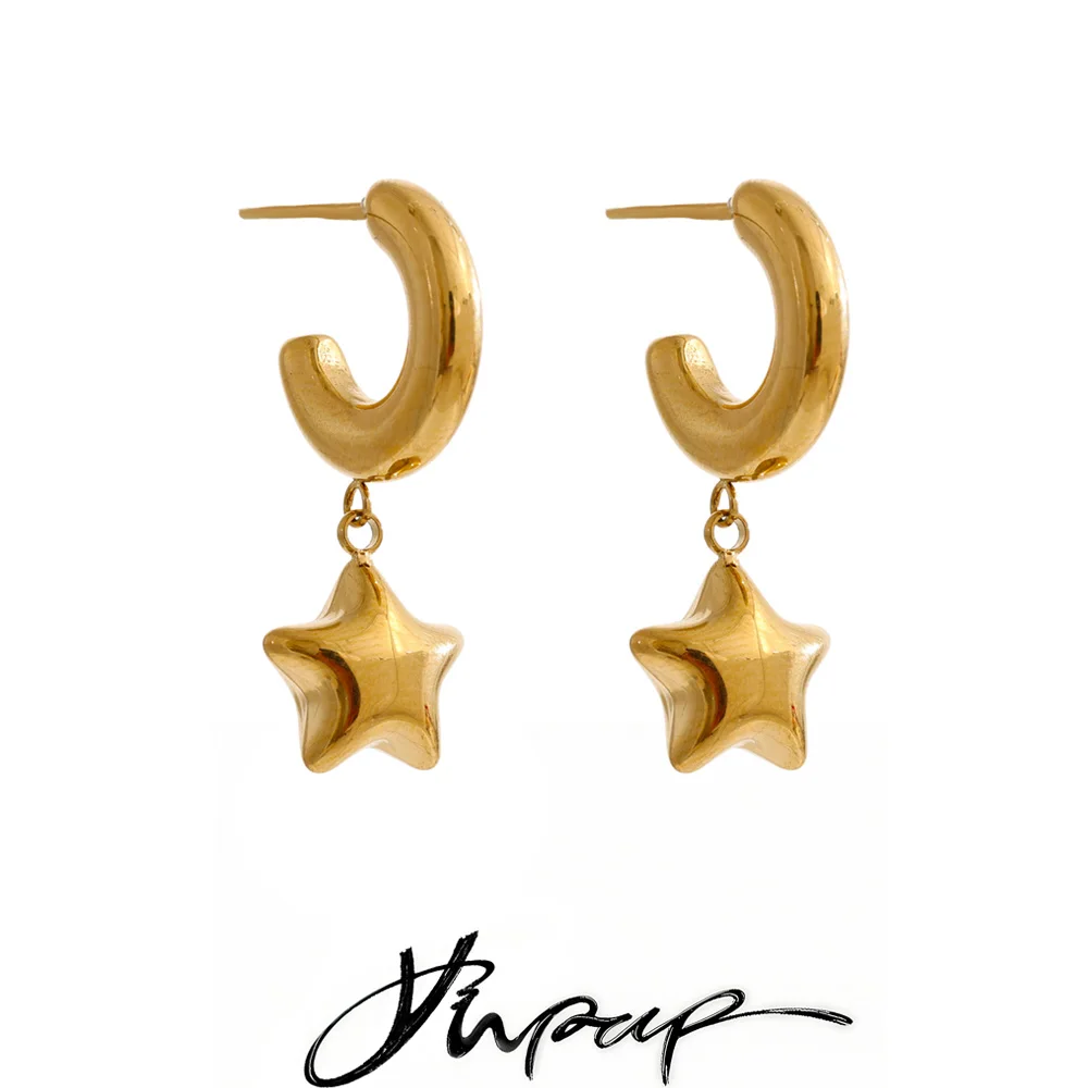 Yhpup Stainless Steel Metal Star Drop Earrings Water Resistant Trending Gold Color Daily Charm Ear Jewelry