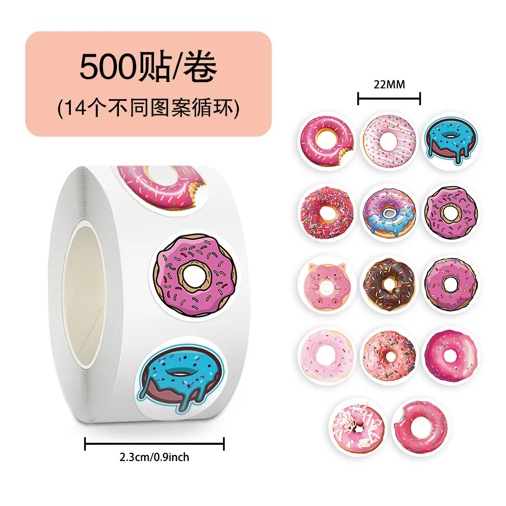 

500Pcs/Roll 14 Pattern Cycles Cute Donut Food Stickers Dessert Roll Sticker Party Gift Wrapping Thank You DIY Decoration Label