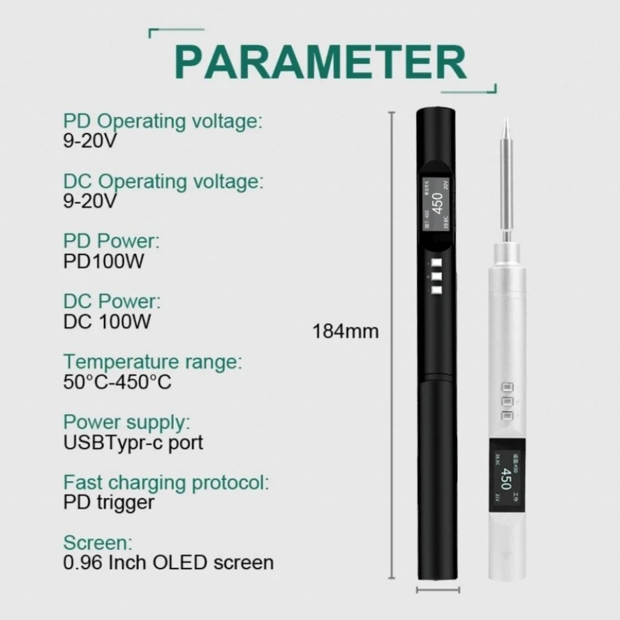 PD65W PTS200 Electric Soldering Iron Adjustable Temperature Portable Digital Welding Station Compatible with T12 TS101 PINE64