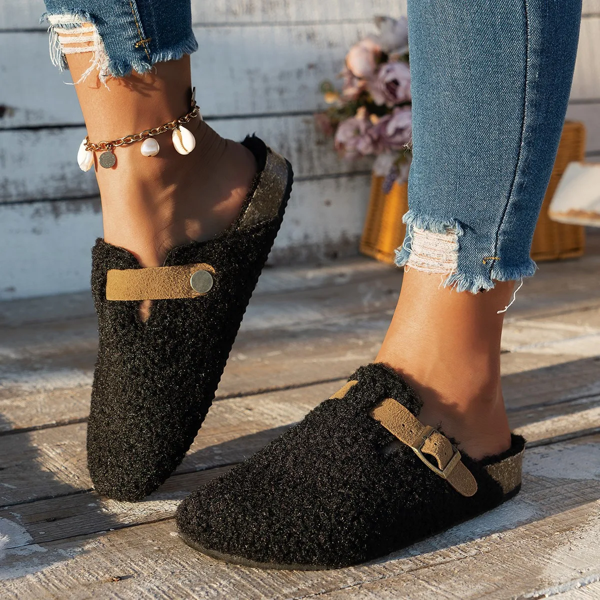 Warm Thicken Lamb Wool Fluffy Slippers Women 2024 Winter Flat Heels Mule Slippers Woman Brand Designer Thick Sole Birken Shoes