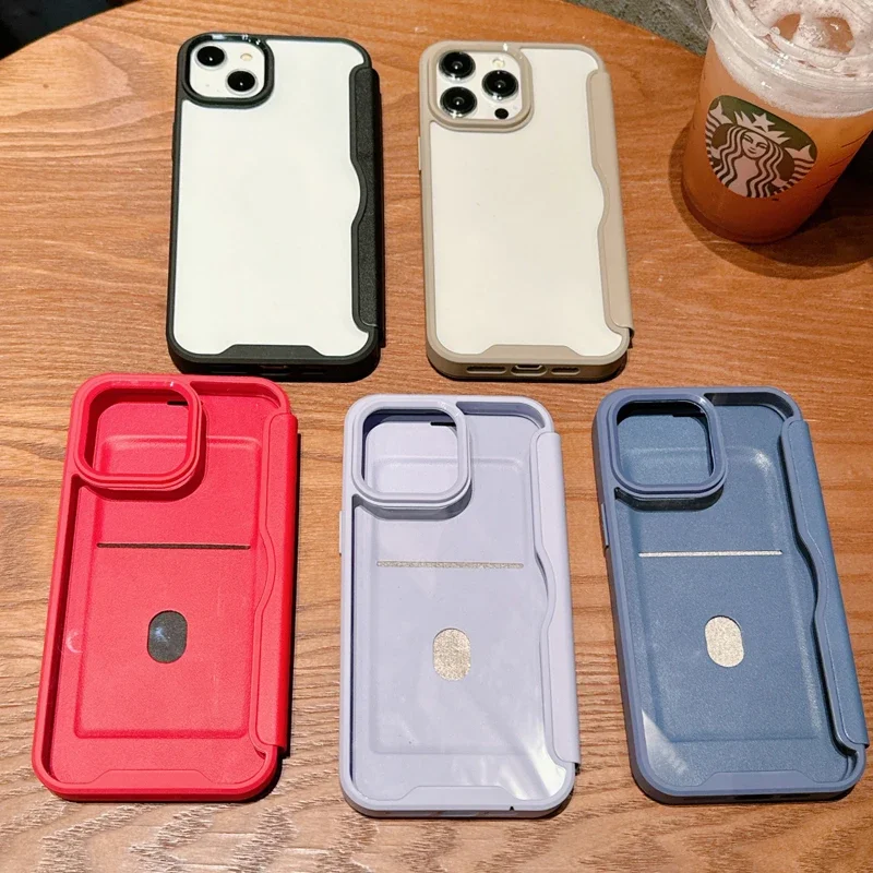 For iPhone 15 14 13 Pro Max Case Fashion Magnetic Leather + Transparent PC Back with Card Slot Cover for iPhone 13 14 15 Pro