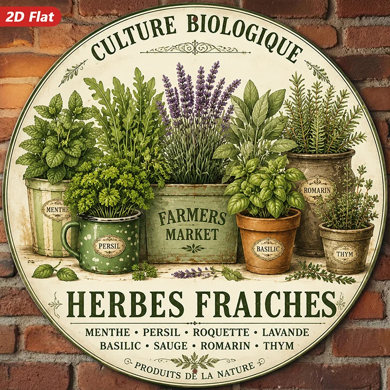 2D Flat, 1pc French Herb Garden Round Metal Sign Wall Art, Culture Biologique Text, Fresh Herb Pots, Mint Parsley Lavender