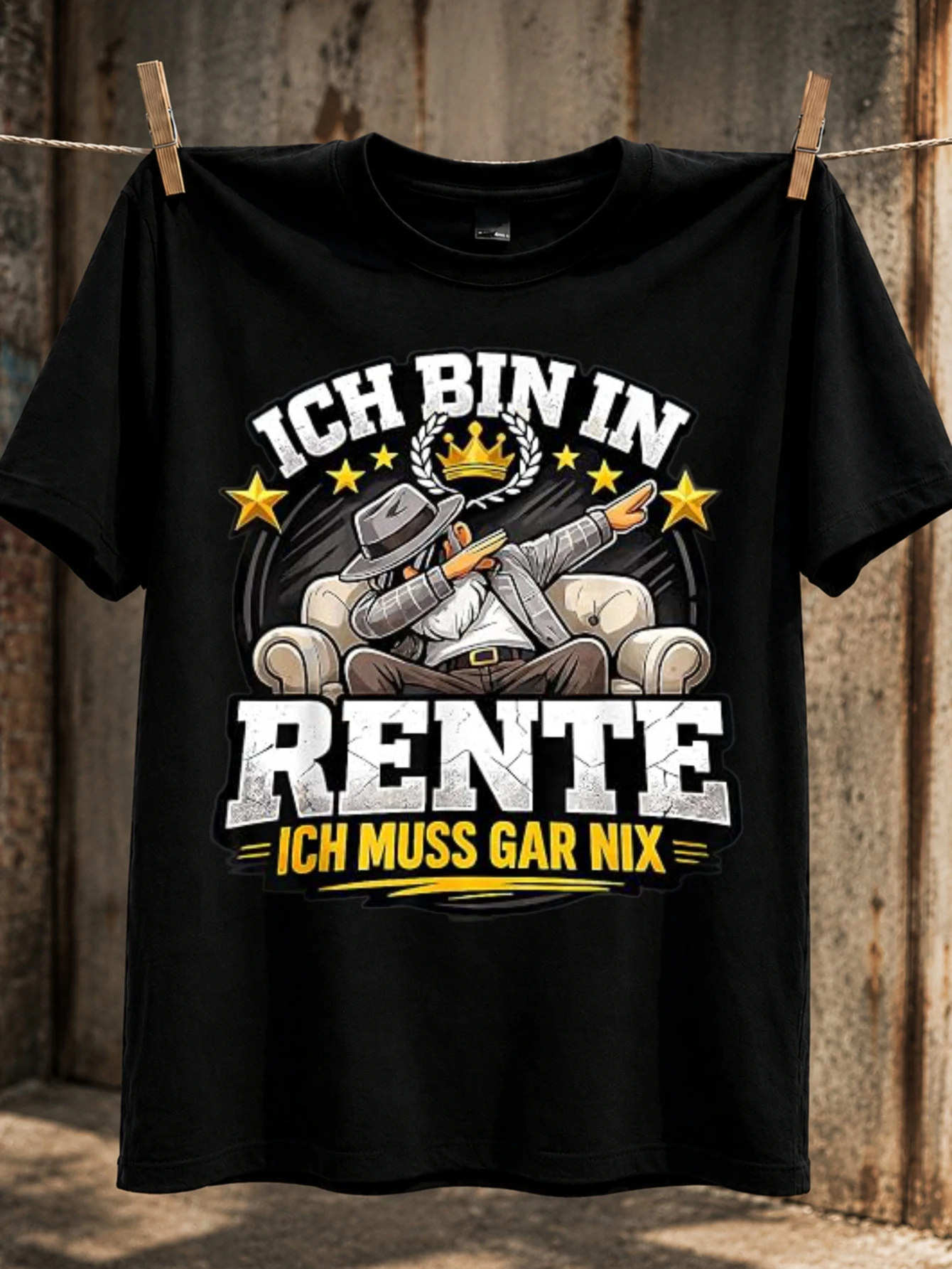 Ich Bin In Rente crowned bulldog on money pile with gold stars funny nowork retiret theme Unisex  Unisex All T-Shirt