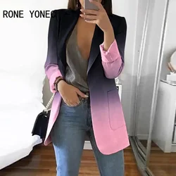 Women Elegant Gradient Collar Long Sleeves Open Stitch Pocket Blazer Jackets