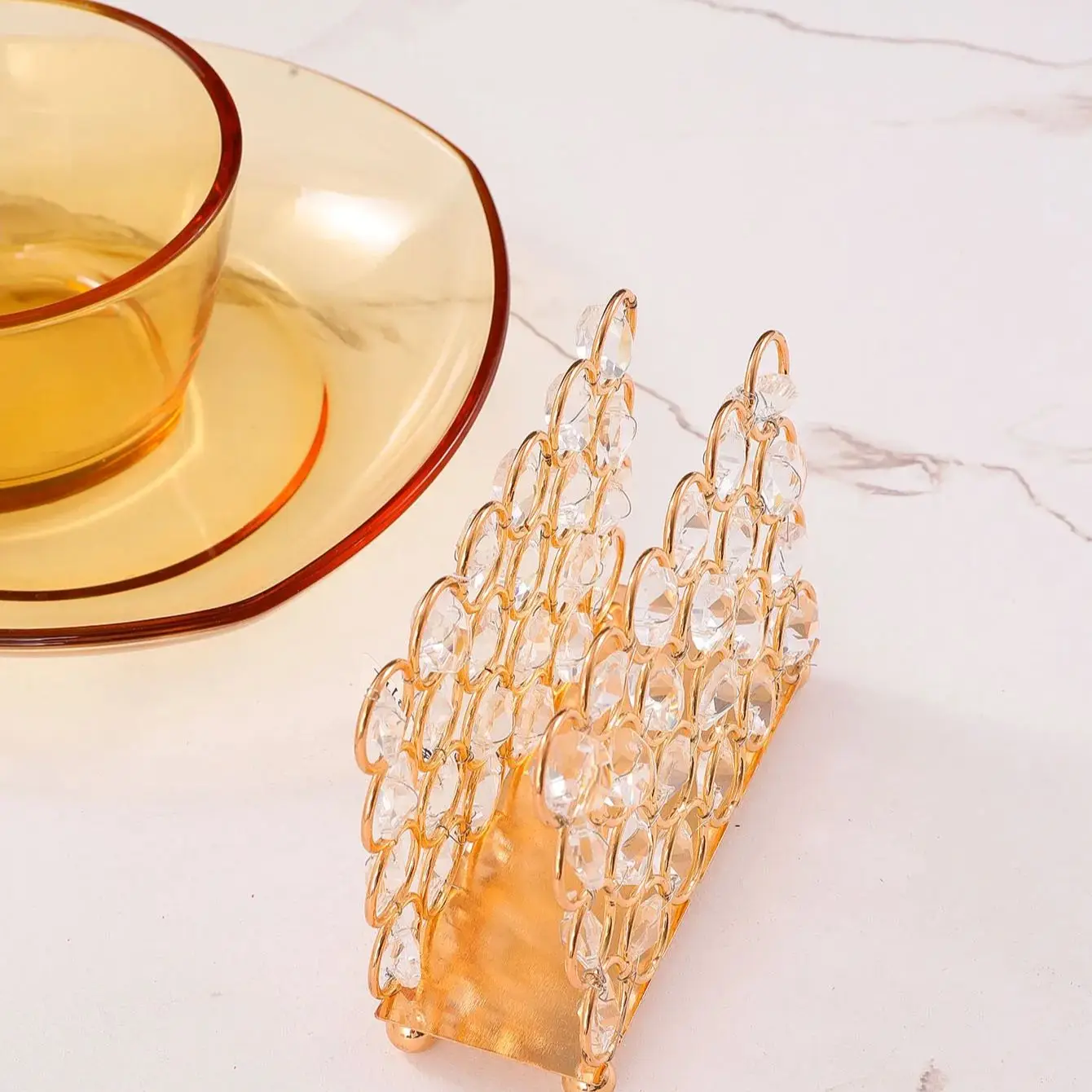 1pc Golden Crystal Napkin Holder Rhinestone Rectangle Napkin Holder For Table Decor,Gold Napkin Storage Rack For Dining Table