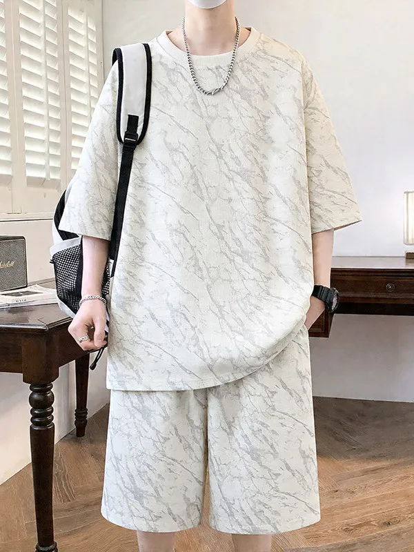 quick-dry-ice-silk-summer-casual-set-men's-lightweight-cool-feeling-loose-handsome-top-and-shorts-five-quarter-polyester-fiber