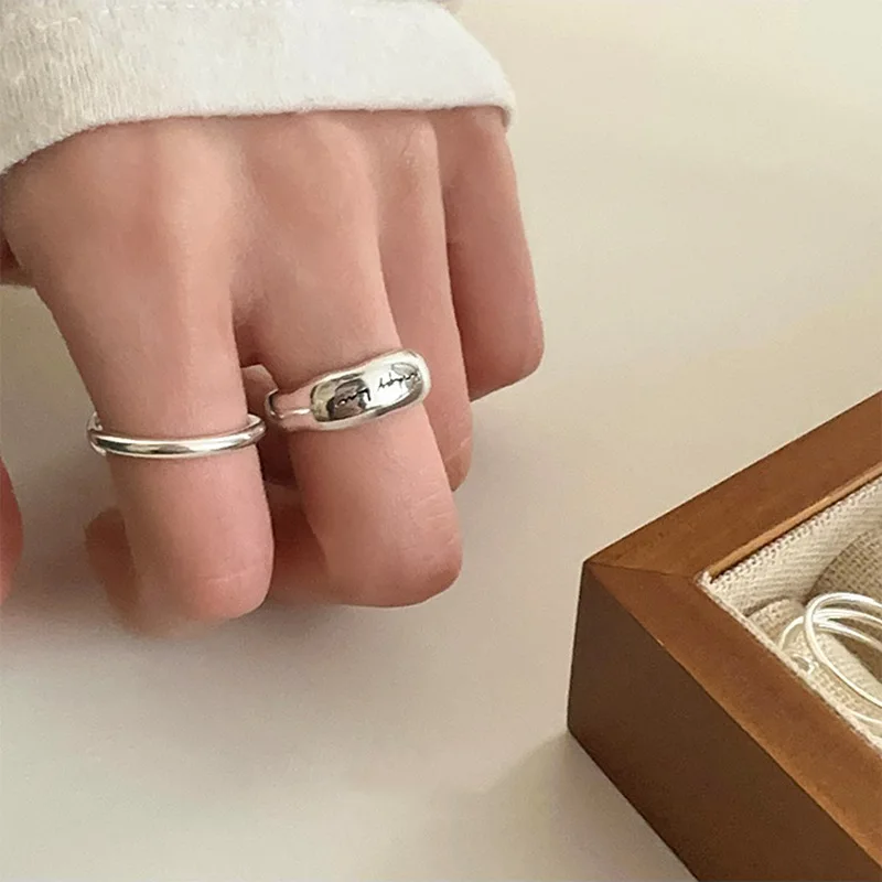 Cincin huruf Retro sederhana perak Sterling 925 untuk wanita, cincin perhiasan pesta alergi terbuka buatan tangan Smiple mode geometris