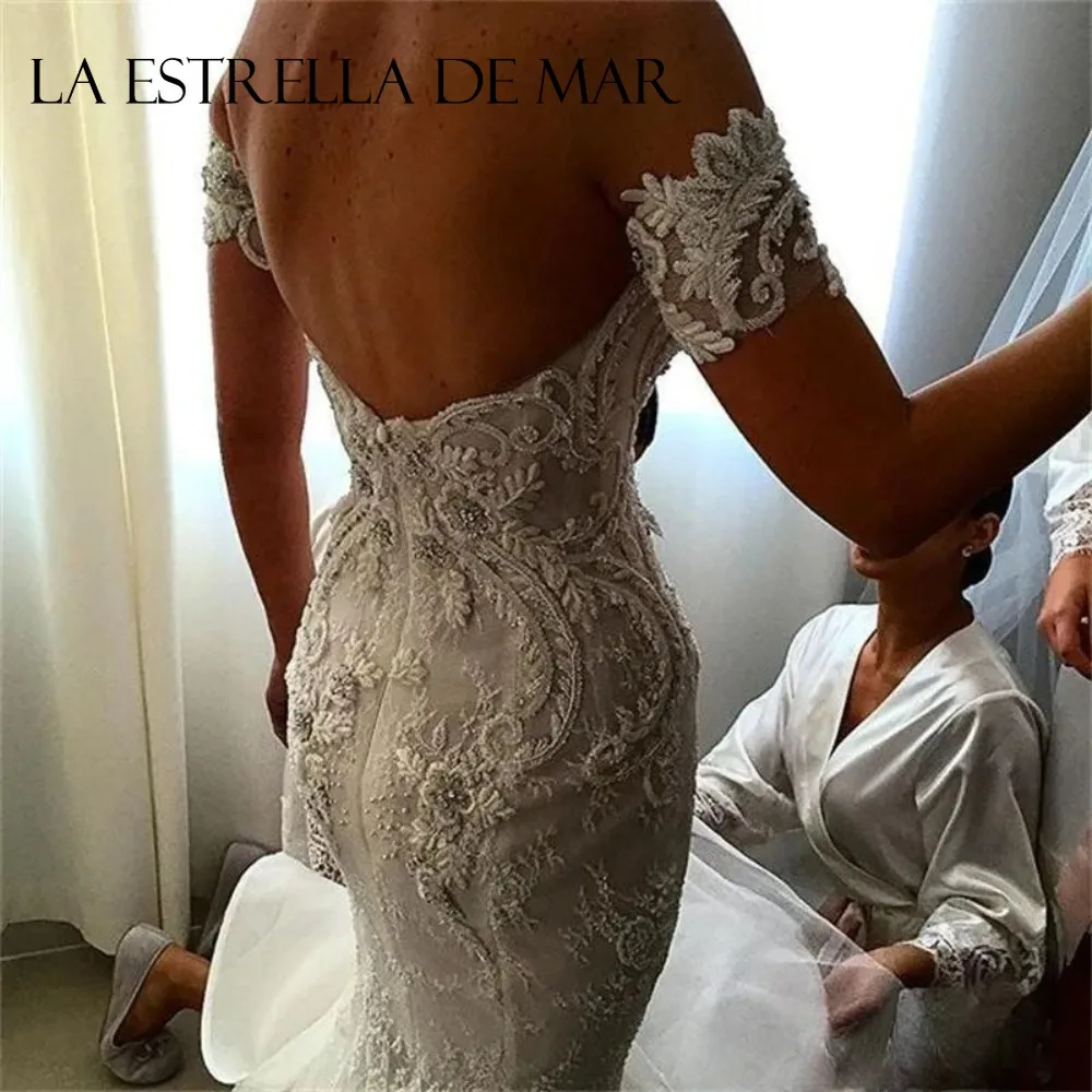 Sexy Lace Wedding Dresses with Removable Tulle Overskirt Mermaid Backless Off The Shoulder Bridal Gowns Long Train Vestido Lorie
