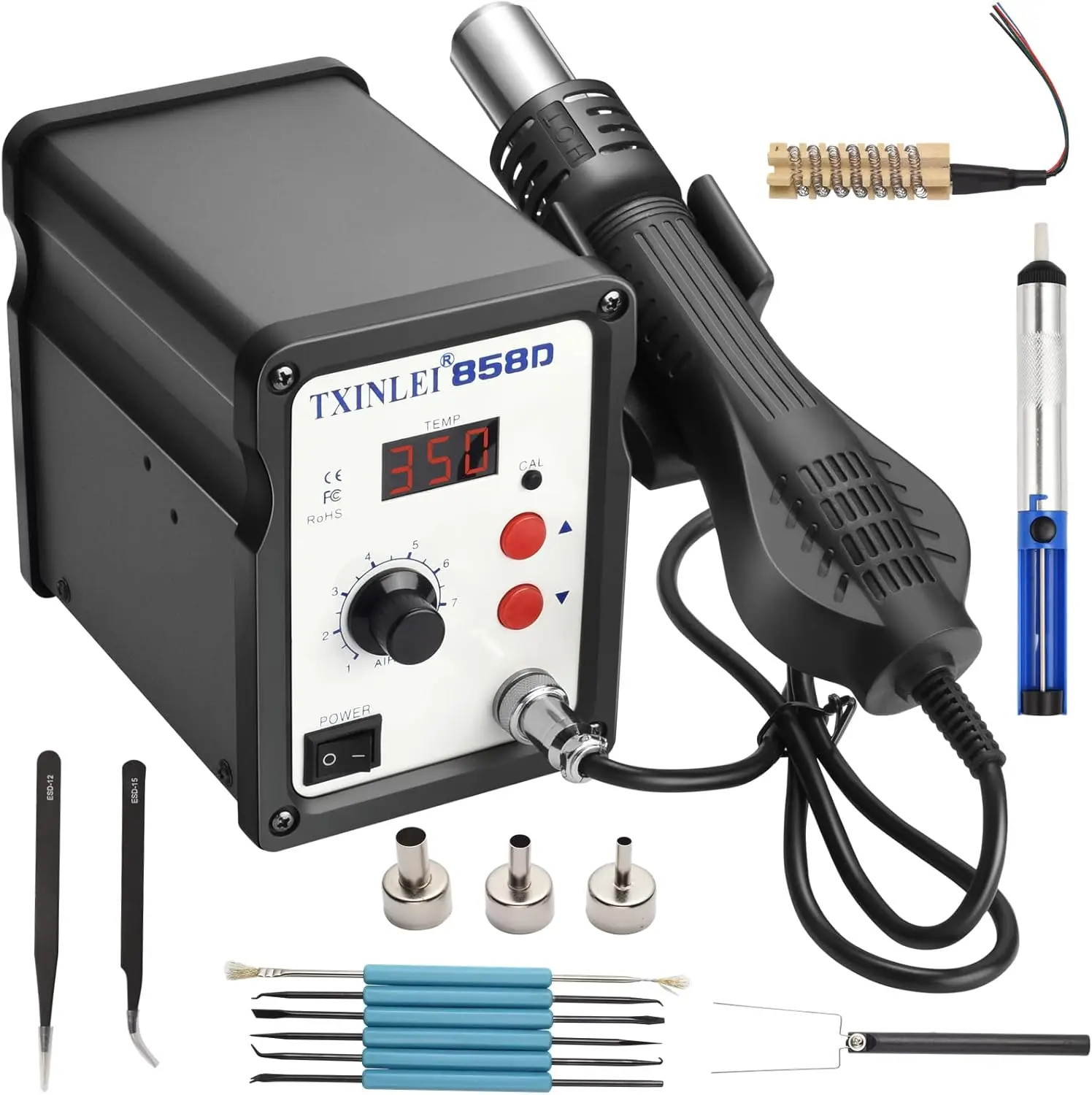 

858D 110V Solder Station, Digital Hot Air Rework Kit with Heat Gun, Tweezers, Desoldering Pump