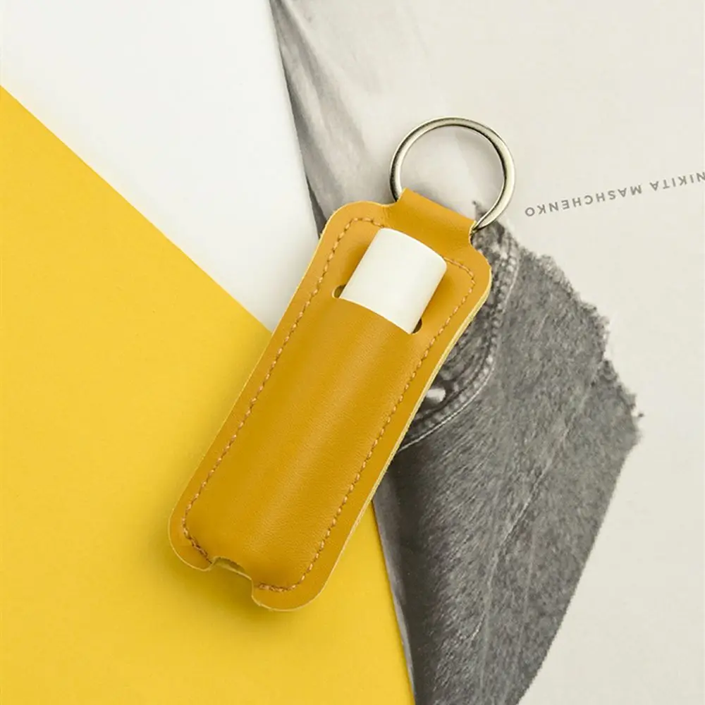 1pc PU Leather Lipstick Keychain Bag Colorful Key Ring Holder Lip Balm Case Keyring Bag Simple Keychain Holder