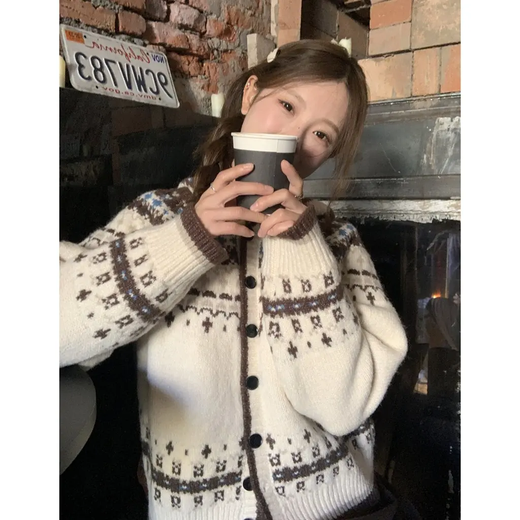 

Винтажный свитер Fair Isle, зимний свободный крой в этническом стиле, повседневное мягкое восковое новогоднее платье, топ для женщин