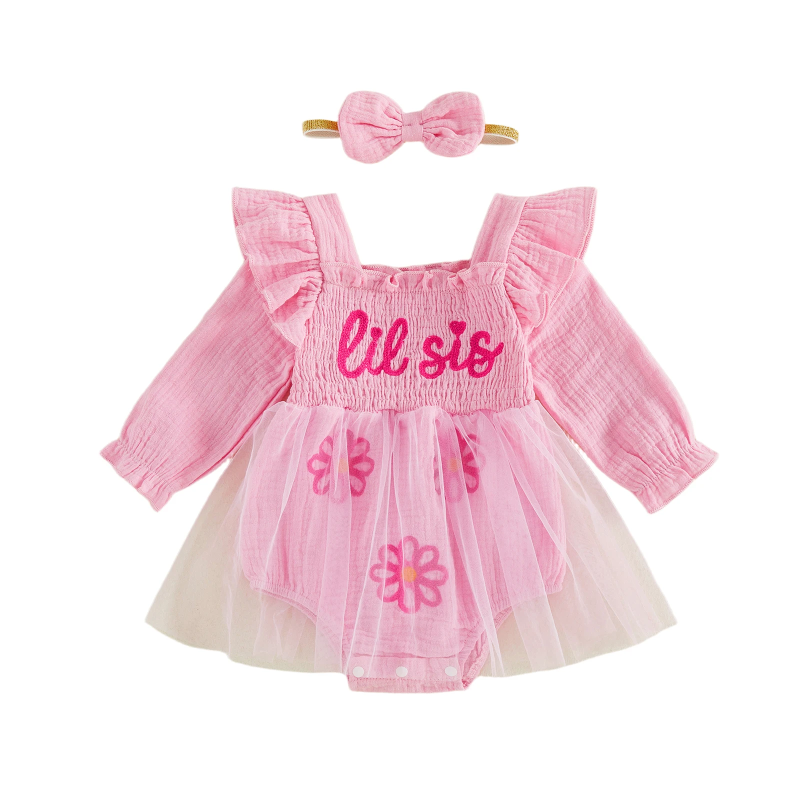 Infant Baby Girl Outfit Long Sleeve Square Neck Romper Dress and Headband