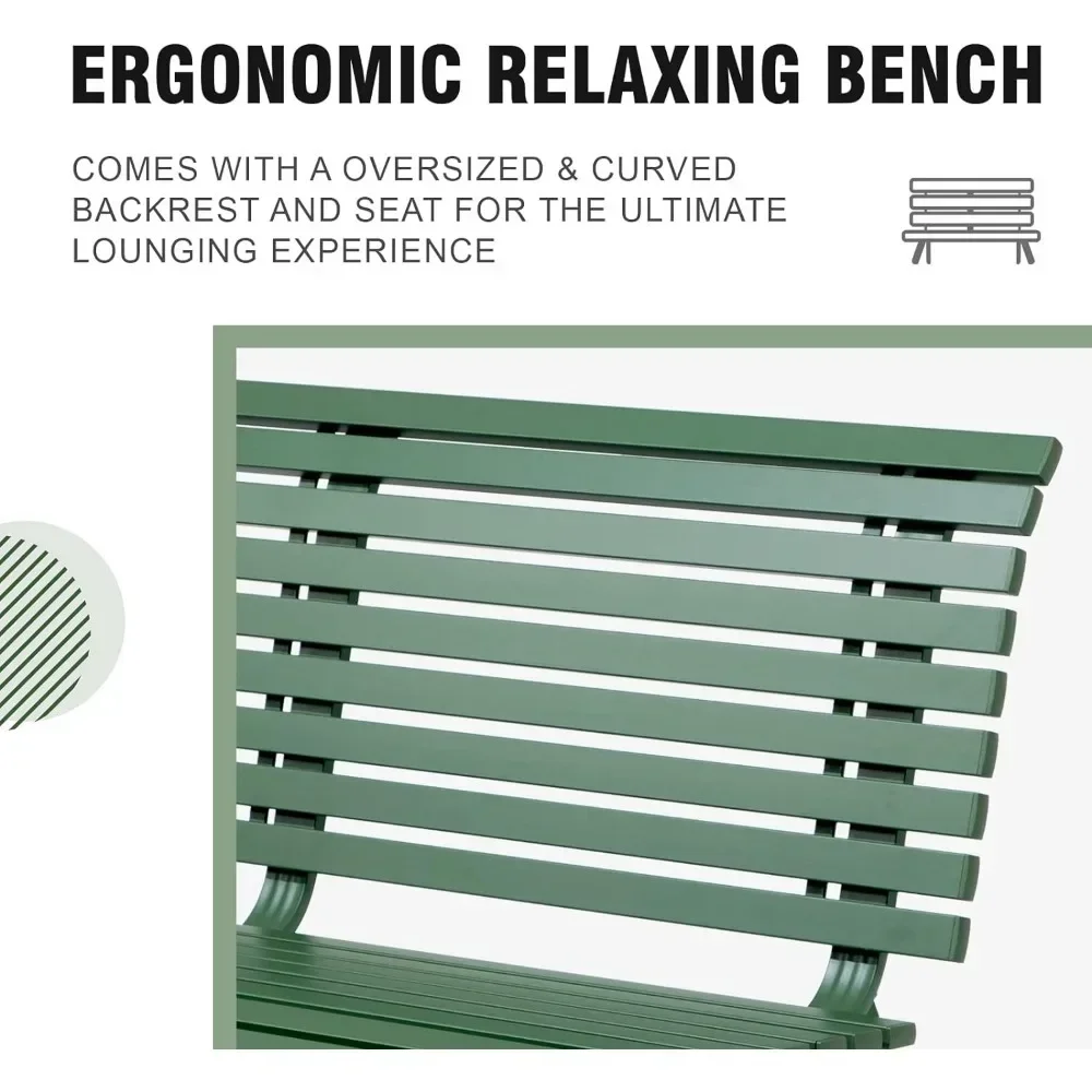 Outdoor Aluminum Garden Bench, Patio Porch Chair Furniture, Slatted Design w/Backrest, Green/Grey Patio Benches