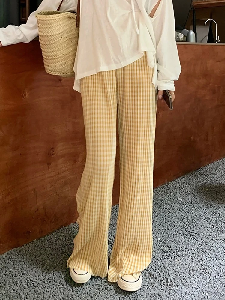 High Waist Slimming Drapey Ice Silk Cool Pants Women Summer New Loose Texture Straight Casual Yellow Wide Leg Trousers