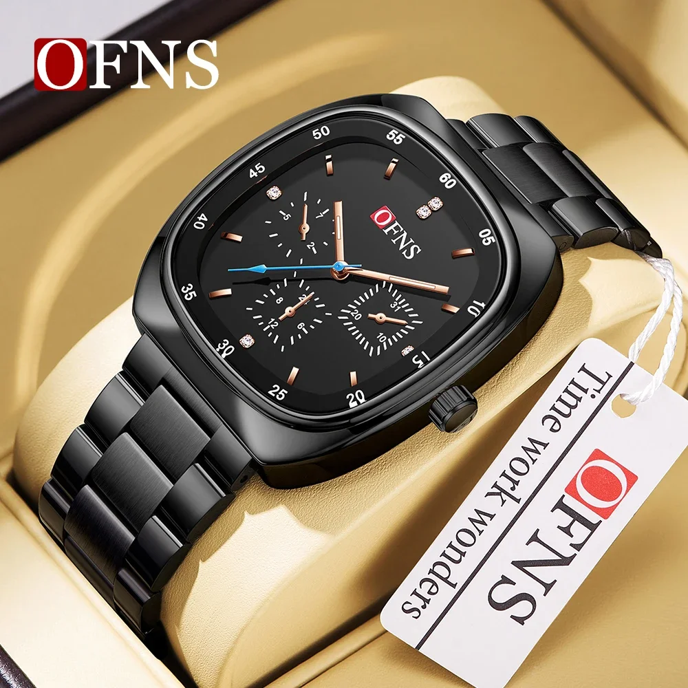 

OFNS Top 1511 Popular Fashion Men's Square Quartz Fashion Three Eye Six Needle Quartz Watch Table Simple Men's Watch