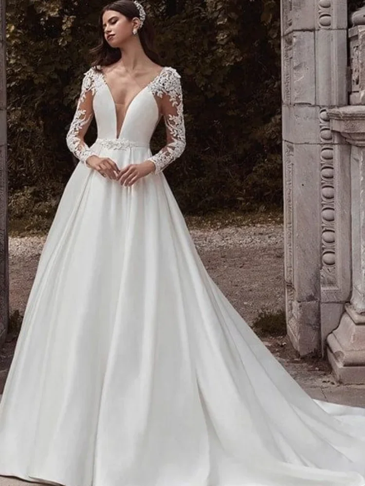 

Classic A Line Wedding Dresses Satin V Neck Full Sleeves With Lace Applique Backless With Sweep Train Bridal Gowns For Bride