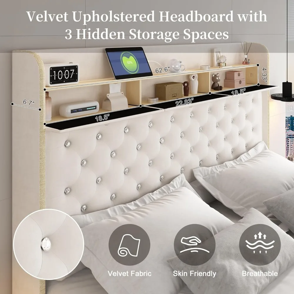 إطار سرير LED مع جهاز عرض Galaxy Aurora Star، وسرير بمنصة مع محطة شحن، وحدة تخزين مخفية منجدة