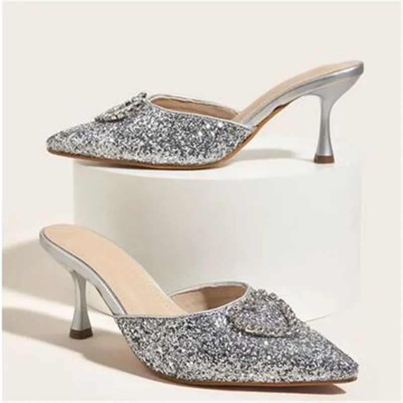 2023 New Shallow Mouth High-heeled Women's Shoes Love Rhinestone Shining Thin Heel Slippers Pointed Women's Single Shoes