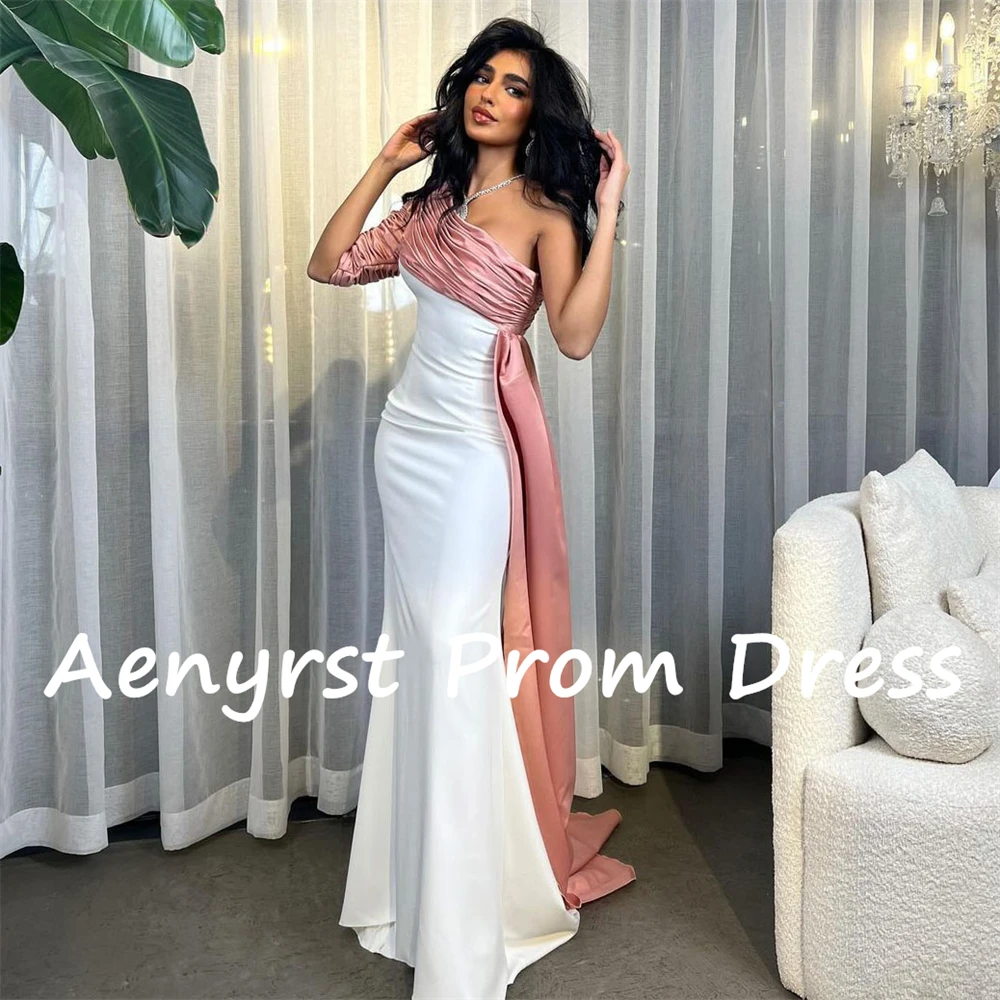 Aenyrst-Vestidos de Fiesta elegantes con un hombro al aire, vestidos de noche plisados de sirena de satén, longitud hasta el suelo, ceñido al cuerpo, Color de contraste