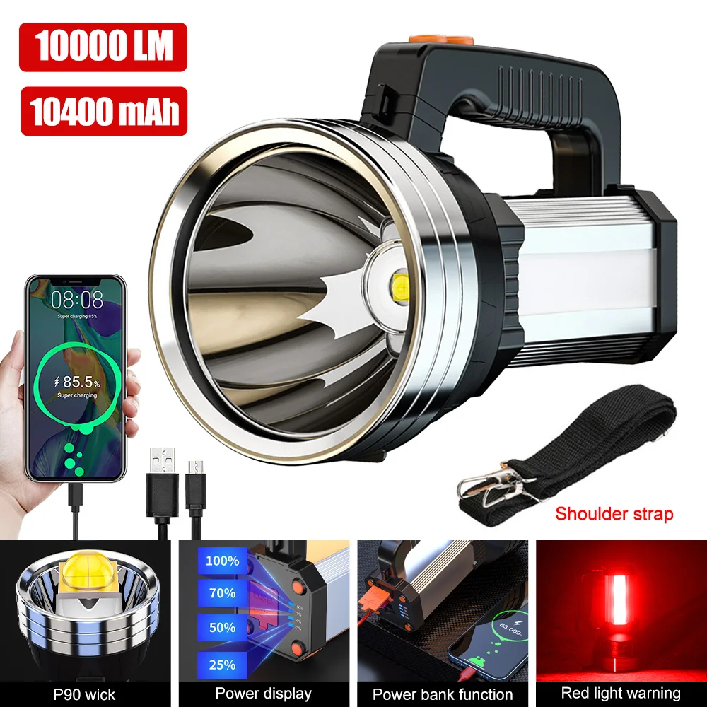 Portable Super Bright Long-range LED Rechargeable Searchlight Powerful Handheld Spotlight Built-in 10400 mAh with Side Light