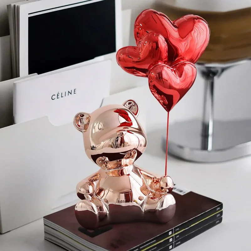 Home Decor Love Bear Figurine Nordic Modern Resin Animal Sculpture Balloon Flying Bear Ornaments Living Room Decoration Craft